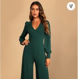 Lulus Celebrating Romance Emerald Green Long Sleeve Wide-Leg Jumpsuit Small